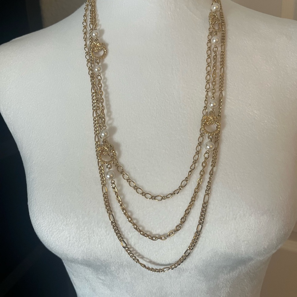 Gold Tone Multi Strand Layered Chain Necklace Faux Pearl Accen